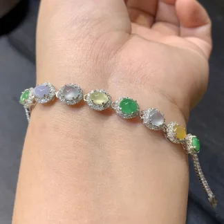 High-Icy Multicolor Natural Jadeite Cabochon Bracelet — S925 Silver · No. 19EE