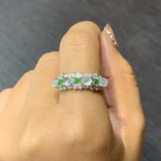 High-Icy Glowing Natural Jadeite Multi-Stone Cabochon Band — S925 Silver · No. 938E