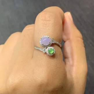 Lavender and Green Natural Jadeite Cabochon Ring — S925 Silver · No. E68D
