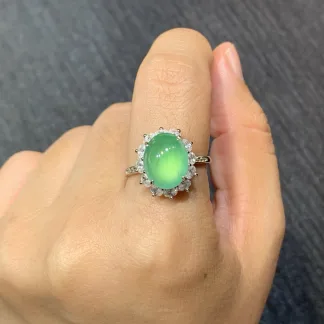 High-Icy Glowing Green Natural Jadeite Cabochon Ring — S925 Silver · No. 1DCE