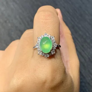High-Icy Glowing Green Natural Jadeite Cabochon Ring — S925 Silver · No. 4751