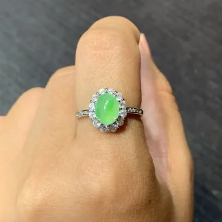 Icy Soft Vivid Green Natural Jadeite Cabochon Ring — S925 Silver · No. 96ED