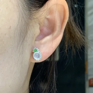 High-Icy Glowing Natural Jadeite Cabochon Stud Earrings — S925 Silver · No. 0006