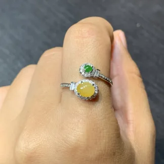 High-Icy Yellow and Green Natural Jadeite Cabochon Ring — S925 Silver · No. 34EB