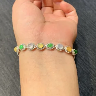 High-Icy Multicolor Natural Jadeite Cabochon Bracelet — S925 Silver · No. A43D