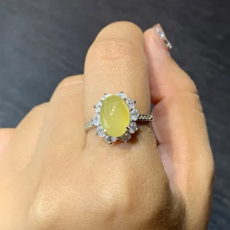 High-Icy Lustrous Honey Yellow Natural Jadeite Cabochon Ring — S925 Silver · No. 3AC9