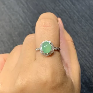 High-Icy Clear Green Natural Jadeite Cabochon Ring — S925 Silver · No. F5DE