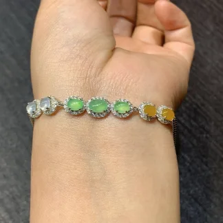 High-Icy Multicolor Natural Jadeite Cabochon Bracelet — S925 Silver · No. 7BE7