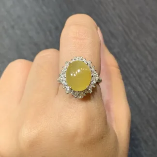 High-Icy Honey Yellow Natural Jadeite Cabochon Ring — S925 Silver · No. 77BE