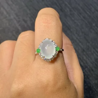 High-Icy Glowing Natural Jadeite Cabochon Ring — S925 Silver · No. 2F5F