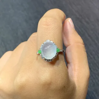 High-Icy Glowing Natural Jadeite Cabochon Ring — S925 Silver · No. 603564