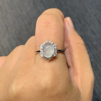 High-Icy Glowing Natural Jadeite Cabochon Ring — S925 Silver · No. F6D0