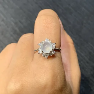 High-Icy Glowing Natural Jadeite Cabochon Ring — S925 Silver · No. 8415