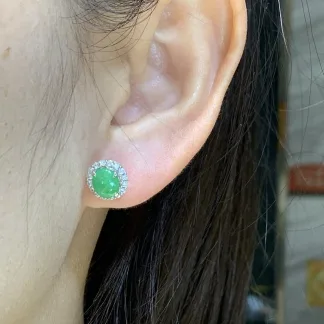 Vivid Green Natural Jadeite Cabochon Stud Earrings — S925 Silver · No. AC6E