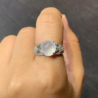 High-Icy Glowing Natural Jadeite Cabochon Ring — S925 Silver · No. 95C4