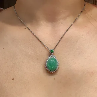 Green Natural Jadeite Cabochon Pendant — S925 Silver · No. 9422