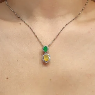 High-Icy Honey Yellow and Vivid Green Natural Jadeite Cabochon Pendant — S925 Silver · No. 3777