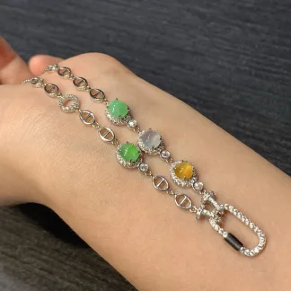 High-Icy Multicolor Natural Jadeite Convertible Cabochon Chain — S925 Silver · No. 584C
