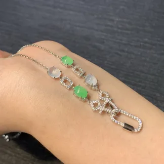 High-Icy Glowing White and Green Natural Jadeite Convertible Cabochon Chain — S925 Silver · No. 5AA4