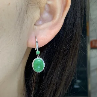 Vivid Green Natural Jadeite Cabochon Drop Earrings — S925 Silver · No. F9EC