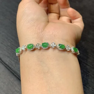 High-Icy Vivid Green Natural Jadeite Cabochon Bracelet — S925 Silver · No. E2E5