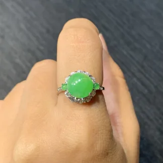 Icy Vivid Green Natural Jadeite Cabochon Ring — S925 Silver · No. 2255