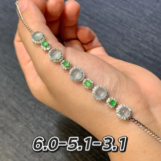 High-Icy White and Green Natural Jadeite Cabochon Bracelet — S925 Silver · No. 41FF