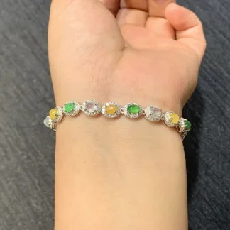 High-Icy Multicolor Natural Jadeite Cabochon Bracelet — S925 Silver · No. 0113