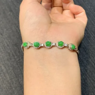 Vivid Green Natural Jadeite Cabochon Bracelet — S925 Silver · No. 39A3
