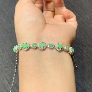 Icy Soft Fresh Green Natural Jadeite Cabochon Bracelet — S925 Silver · No. 9E8D