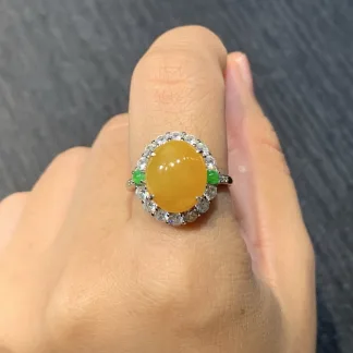 Icy Honey Yellow Natural Jadeite Cabochon Ring — S925 Silver · No. D935