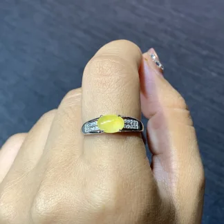 High-Icy Honey Yellow Natural Jadeite Cabochon Ring — S925 Silver · No. BD02