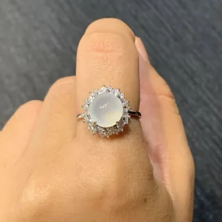 High-Icy Glowing Natural Jadeite Cabochon Ring — S925 Silver · No. 3BB7