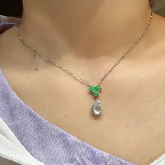 High-Icy Glowing White and Green Petite Natural Jadeite Cabochon Necklace — S925 Silver · No. 32E6
