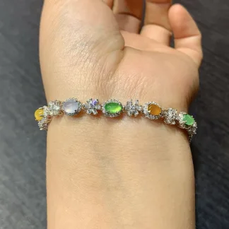 High-Icy Multicolor Natural Jadeite Cabochon Bracelet — S925 Silver · No. 6009