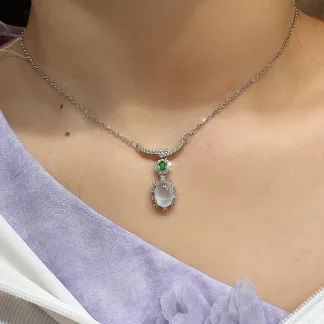 High-Icy Glowing Natural Jadeite Cabochon Necklace — S925 Silver · No. 4364