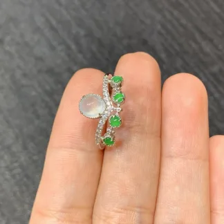 High-Icy Glowing White and Green Natural Jadeite Cabochon Ring — S925 Silver · No. 2F16
