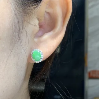 Icy Vivid Green Natural Jadeite Cabochon Stud Earrings — S925 Silver · No. 5507