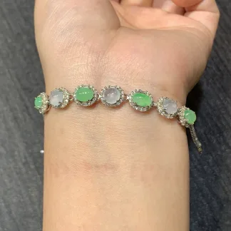 High-Icy Glowing White and Green Natural Jadeite Cabochon Bracelet — S925 Silver · No. CABB