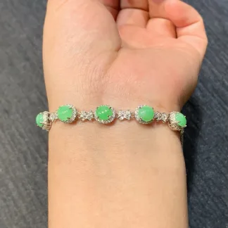 Icy Fresh Vivid Green Natural Jadeite Cabochon Bracelet — S925 Silver · No. CDF8