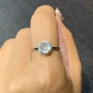 High-Icy Glowing Natural Jadeite Cabochon Ring — S925 Silver · No. EA2B