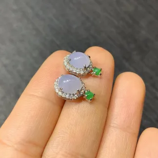 Icy Lavender Natural Jadeite Cabochon Stud Earrings — S925 Silver · No. 2006