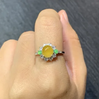Icy Honey Yellow Natural Jadeite Cabochon Ring — S925 Silver · No. D6A1