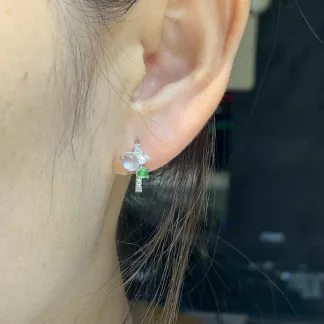 High-Icy Glowing Natural Jadeite Cabochon Huggie Earrings — S925 Silver · No. 06B9