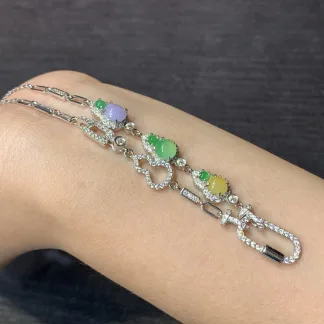 High-Icy Multicolor Natural Jadeite Convertible Cabochon Chain — S925 Silver · No. F8ED