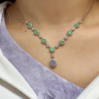 High-Icy Glowing Green and Icy Lavender Natural Jadeite Cabochon Necklace — S925 Silver · No. 6E46