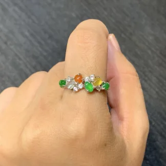 High-Icy Multicolor Natural Jadeite Cabochon Ring — S925 Silver · No. FE1B