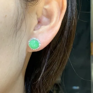 Icy Fresh Vivid Green Natural Jadeite Cabochon Stud Earrings — S925 Silver · No. F5C2