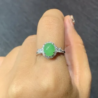High-Icy Vivid Green Natural Jadeite Cabochon Ring — S925 Silver · No. 61B4