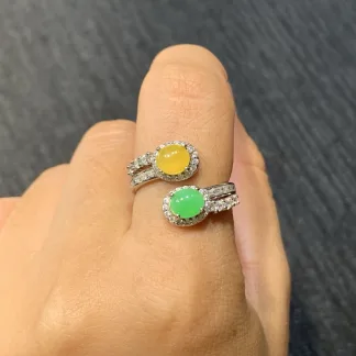 High-Icy Yellow and Green Natural Jadeite Cabochon Ring — S925 Silver · No. E651